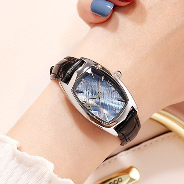 Đồng hồ nữ dây da đen mặt chữ nhật oval xanh cá tính Fernweh ĐHĐ20107