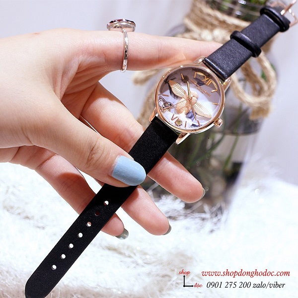 Đồng hồ nữ dây da đen mặt tròn hình con ong 3D độc lạ Mobangtou ĐHĐ18701