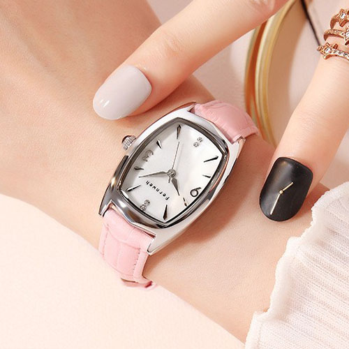 Đồng hồ nữ dây da mặt chữ nhật oval hồng nhẹ nhàng Fernweh ĐHĐ20101