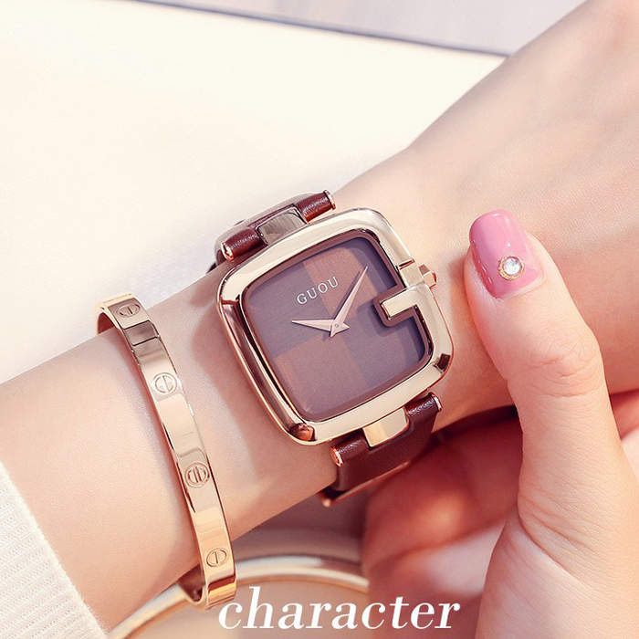 Đồng hồ nữ dây da mặt vuông nâu thanh lịch Guou ĐHĐ8004