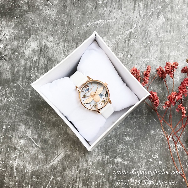 Đồng hồ nữ dây da trắng mặt tròn hình con ong 3D độc lạ Mobangtou ĐHĐ18703