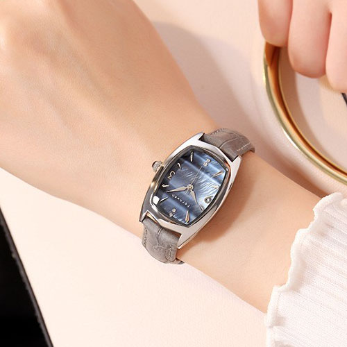 Đồng hồ nữ dây da xám mặt chữ nhật oval xanh thời thượng Fernweh ĐHĐ20102