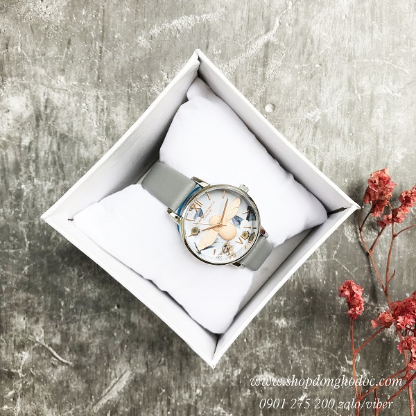 Đồng hồ nữ dây da xám mặt tròn hình con ong 3D độc lạ Mobangtou ĐHĐ18704