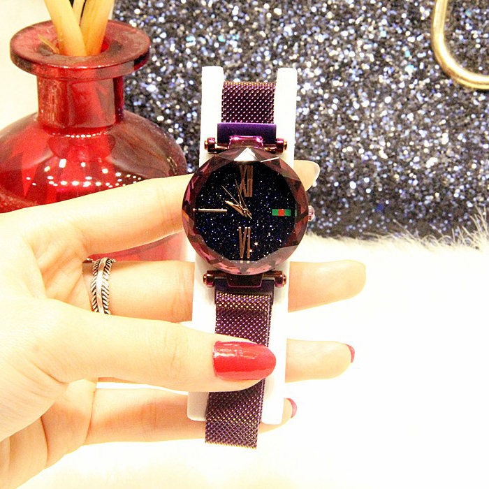 Đồng hồ nữ dây kim loại lưới khóa nam châm mặt tròn tím sành điệu ĐHĐ6004