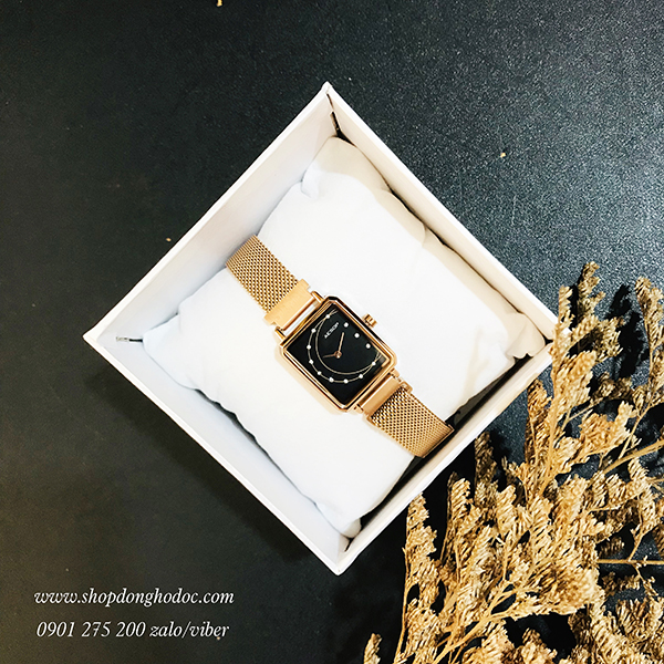 Đồng hồ nữ dây kim koại lưới mặt chữ nhật khóa nam châm đen quý phái ĐHĐ20201