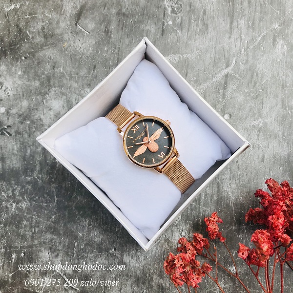 Đồng hồ nữ dây kim loại lưới vàng mặt tròn đen con ong 3D độc lạ Mobangtou ĐHĐ18801