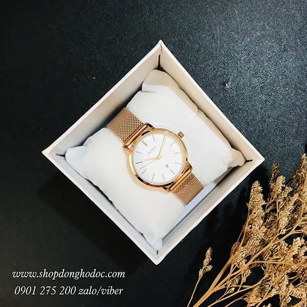 Đồng hồ nữ dây kim loại lưới vàng mặt tròn trắng sang chảnh ĐHĐ20502