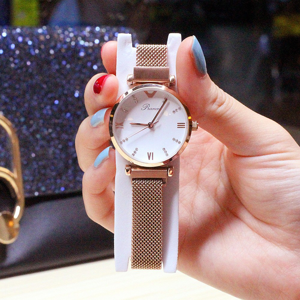 Đồng hồ nữ dây kim loại lưới khóa nam châm mặt tròn trắng sang trọng Prance ĐHĐ15001