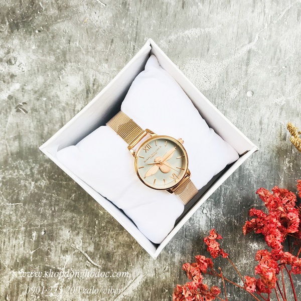 Đồng hồ nữ dây kim loại lưới vàng mặt tròn xanh con ong 3D độc lạ Mobangtou ĐHĐ18803