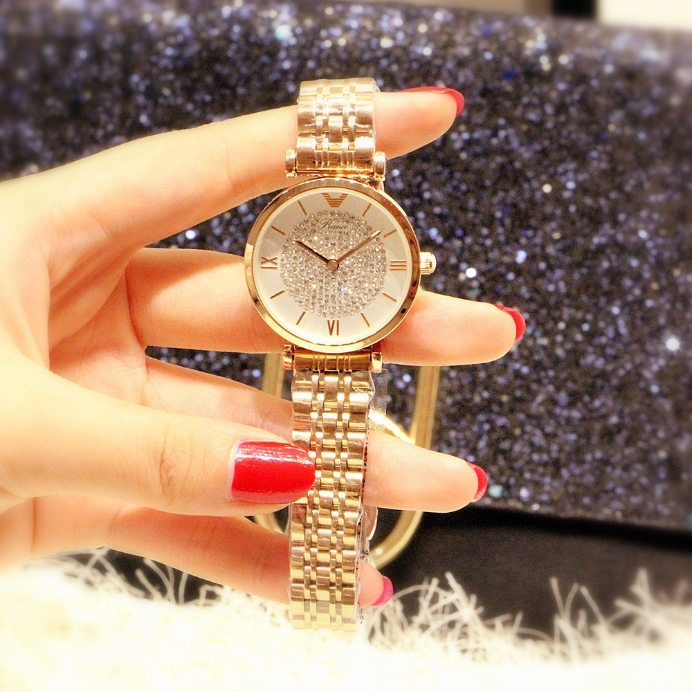 Đồng hồ dây kim loại mặt tròn vàng đính đá quý phái Prance ĐHĐ15103