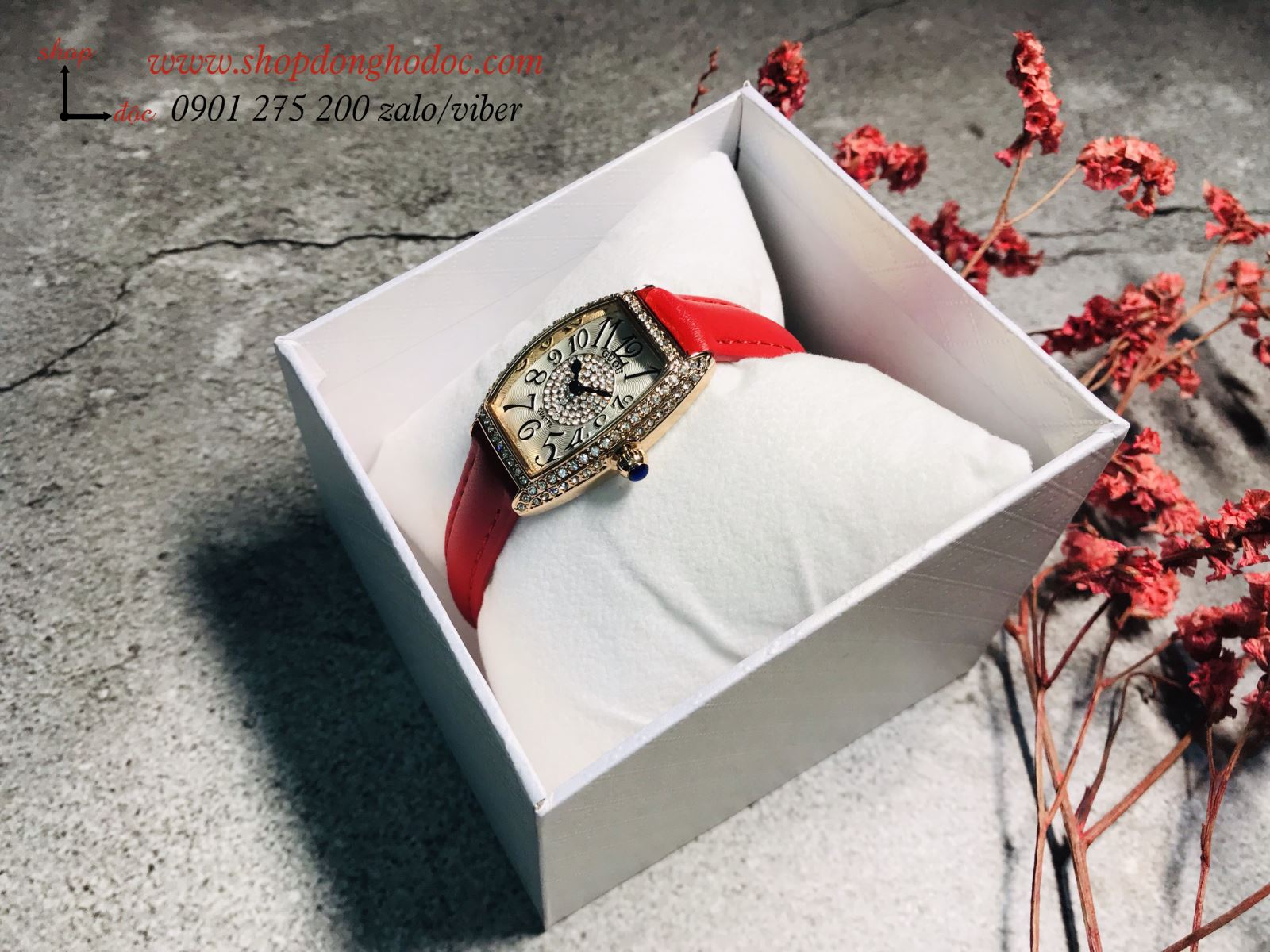 Đồng hồ nữ dây da đỏ mặt chữ nhật oval trắng đính đá viền vàng sang chảnh Guou ĐHĐ12907