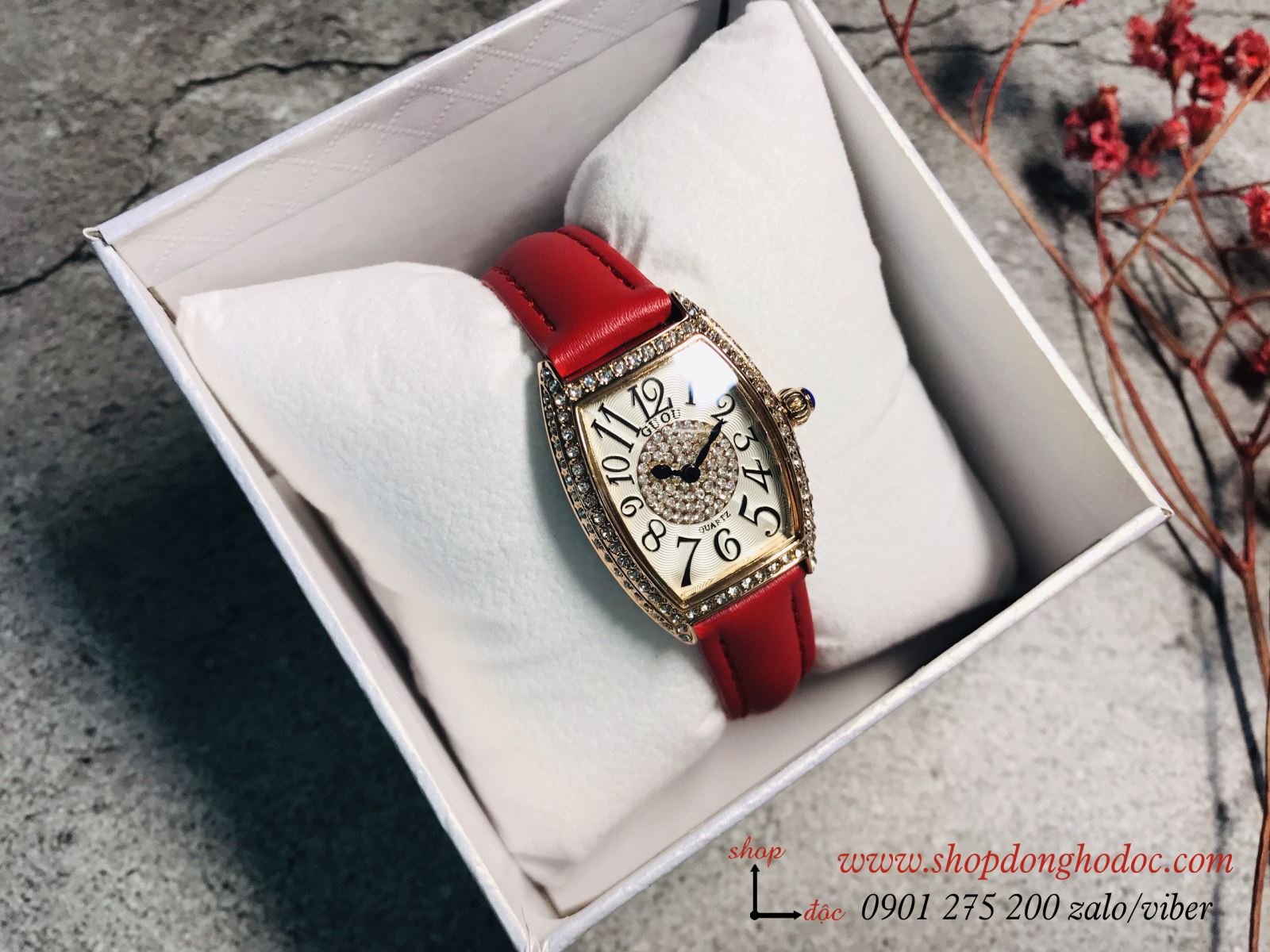 Đồng hồ nữ dây da đỏ mặt chữ nhật oval trắng đính đá viền vàng sang chảnh Guou ĐHĐ12907