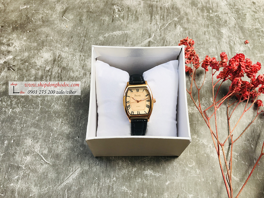 Đồng hồ nữ dây da đen mặt chữ nhật oval vàng thanh lịch Prema ĐHĐ1603 Đồng hồ nữ dây da đen mặt chữ nhật oval vàng thanh lịch Prema ĐHĐ1603