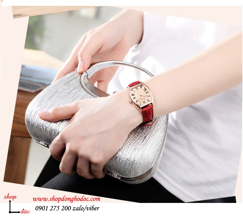 đồng hồ nữ dây da đỏ mặt chữ nhật oval vàng sang chảnh Prema ĐHĐ1604 đồng hồ nữ dây da đỏ mặt chữ nhật oval vàng sang chảnh Prema ĐHĐ1604