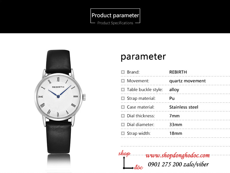 Đồng hồ nữ dây da đen mặt tròn trắng thanh lịch Rebirth ĐHĐ21003