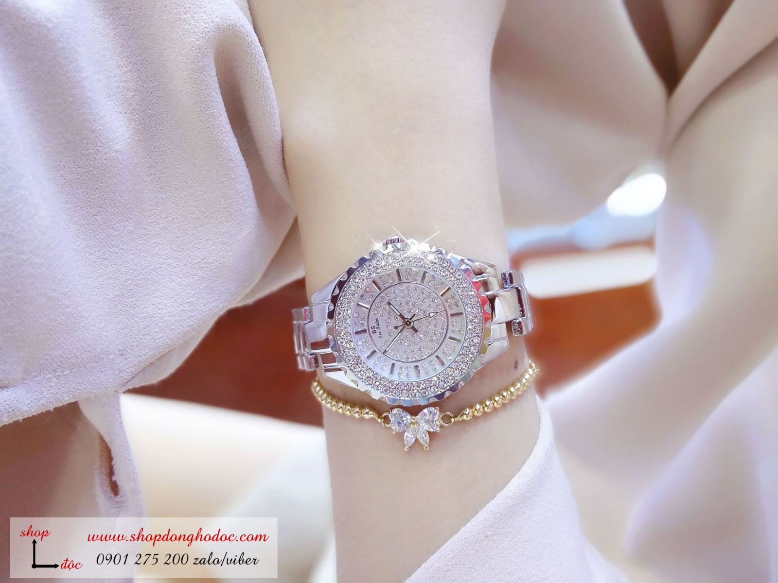 Đồng hồ nữ dây kim loại bạc mặt tròn đính đá sang trọng BS ĐHĐ1402