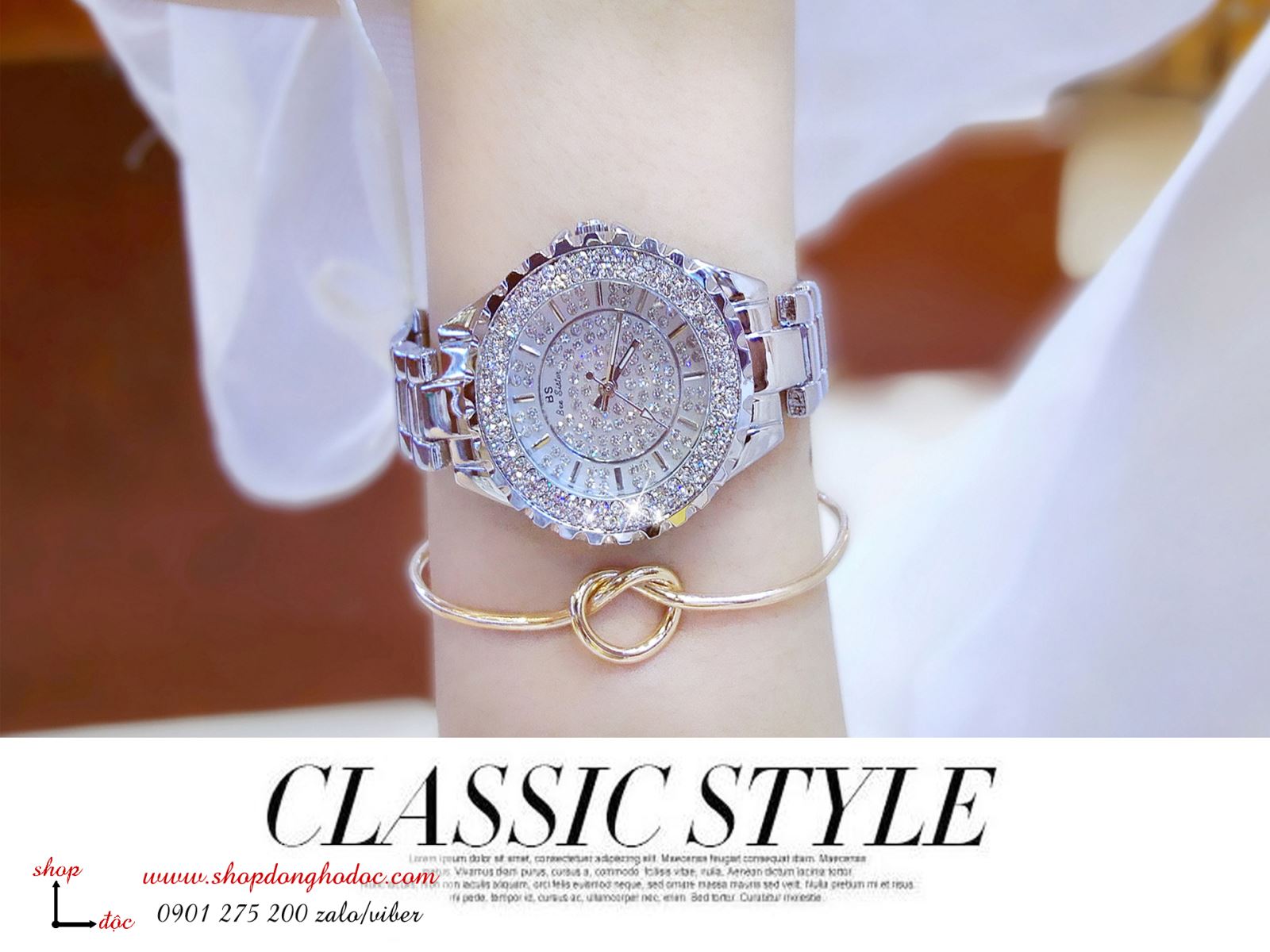 Đồng hồ nữ dây kim loại bạc mặt tròn đính đá sang trọng BS ĐHĐ1402