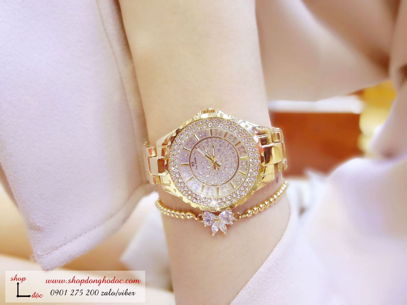 Đồng hồ nữ dây kim loại vàng mặt tròn đính đá sang chảnh BS Đồng hồ nữ dây kim loại vàng mặt tròn đính đá sang chảnh BS ĐHĐ1401
