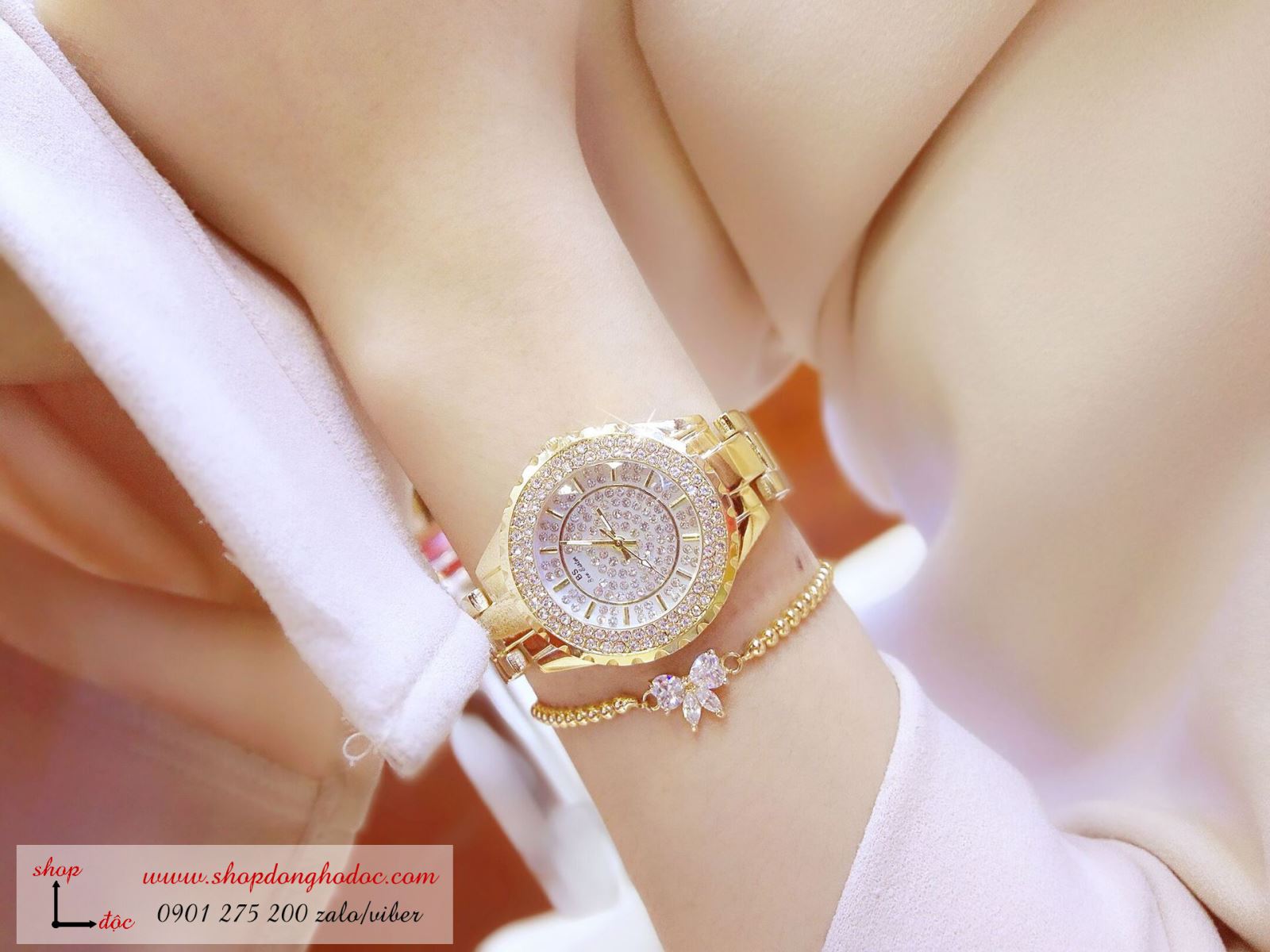 Đồng hồ nữ dây kim loại vàng mặt tròn đính đá sang chảnh BS Đồng hồ nữ dây kim loại vàng mặt tròn đính đá sang chảnh BS ĐHĐ1401