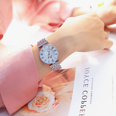 Đồng hồ nữ Bee Sisiter dây kim loại bạc mặt tròn trắng hiện đại ĐHĐ29103