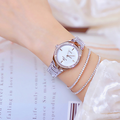 Đồng hồ nữ Bee Sisiter dây kim loại bạc mặt tròn đính đá bạc hiện đại ĐHĐ29202