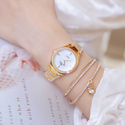 Đồng hồ nữ Bee Sisiter dây kim loại bạc mặt tròn đính đá vàng sang chảnh ĐHĐ29201