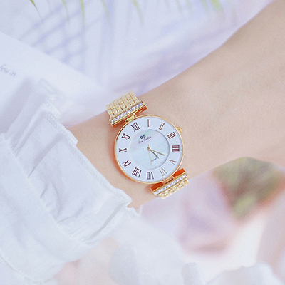 Đồng hồ nữ Bee Sisiter dây kim loại vàng mặt tròn trắng sang trọng ĐHĐ29102