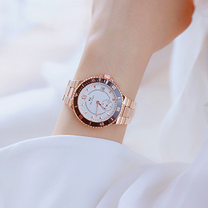 Đồng hồ nữ BS Bee Sisiter Size to có Lịch dây kim loại mặt tròn vàng hồng ĐHĐ29403