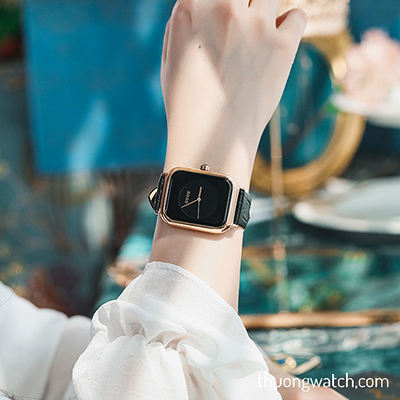 Đồng hồ nữ dây da mặt chữ nhật đen cá tính Guou ĐHĐ23202