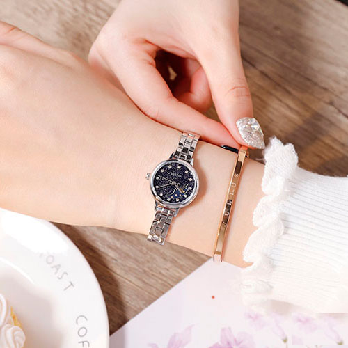 Đồng hồ nữ dây kim loại bạc mặt tròn size nhỏ xanh đen Julius 1157A ĐHĐ29803