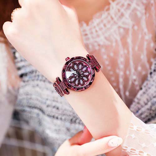 Đồng hồ nữ dây kim loại mặt tròn hoa xoay hai tầng tím sành điệu ĐHĐ13404
