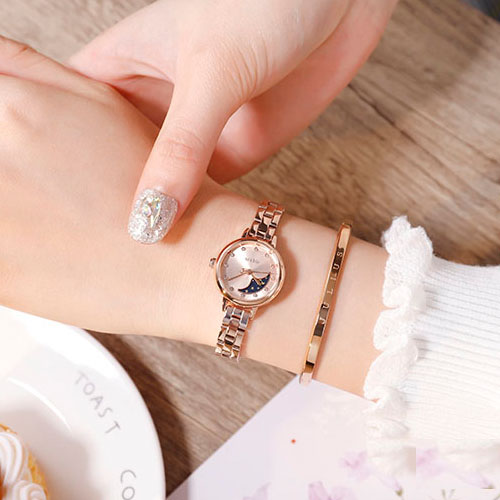 Đồng hồ nữ dây kim loại vàng mặt tròn size nhỏ vàng hồng Julius 1157B ĐHĐ29804