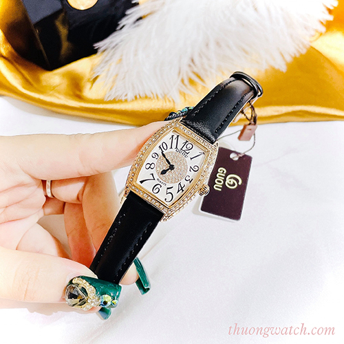 Đồng hồ nữ dây da đen mặt chữ nhật oval trắng đính đá sang trọng Guou ĐHĐ12906