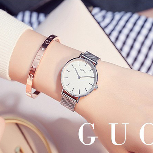 Đồng hồ nữ Guou dây kim loại bạc mặt tròn trắng nhẹ nhàng ĐHĐ23702