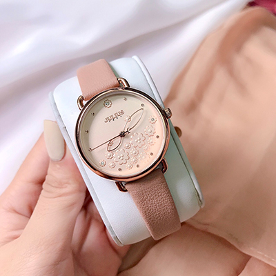 Đồng hồ nữ Hàn Quốc Julius JA 1239A dây da mặt tròn màu Hồng Nude Hoa Ngọt Ngào ĐHĐ31101