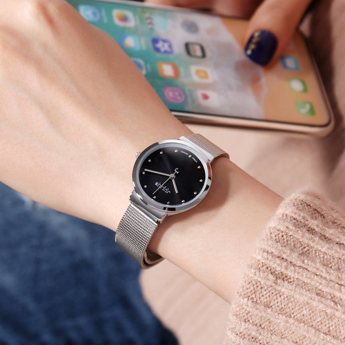 Đồng hồ nữ Julius JA 426 dây kim loại lưới bạc mặt tròn đen cá tính ĐHĐ23904