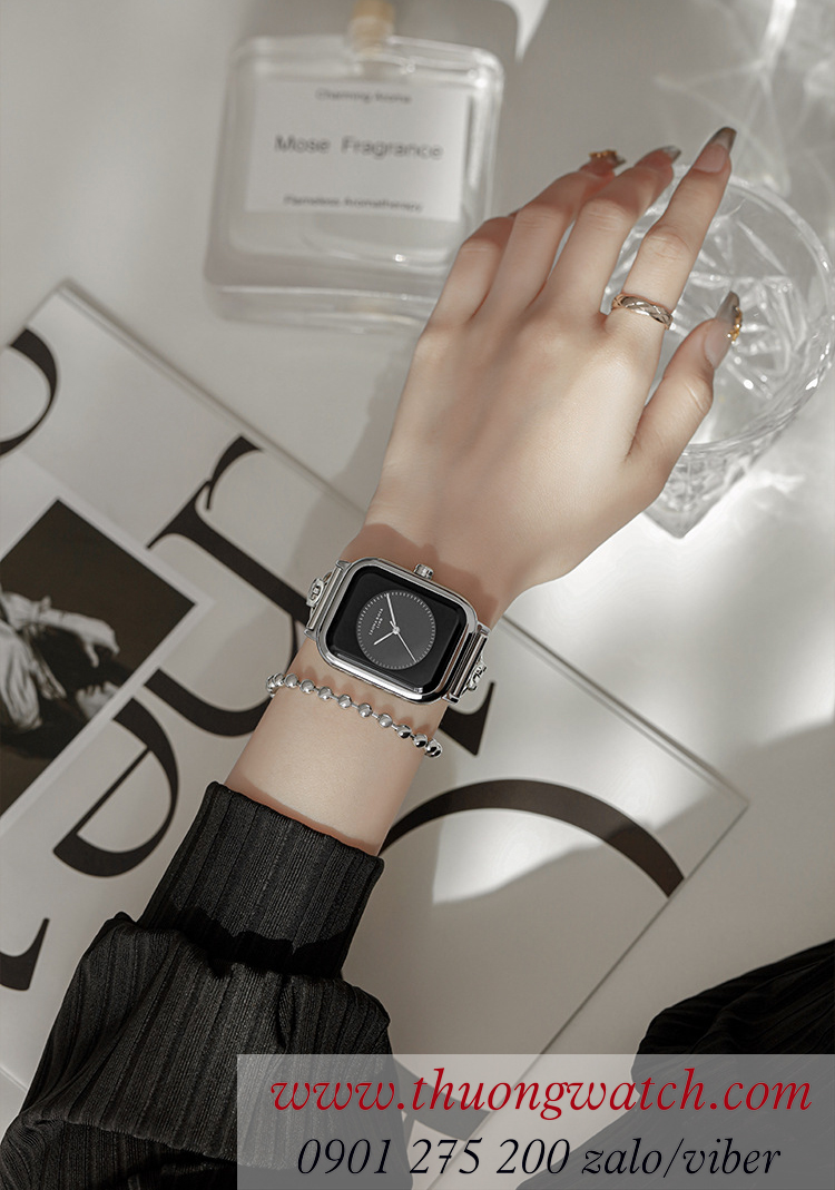 Đồng hồ nữ Leona Rosalind dây kim loại mặt chữ nhật kiểu lắc tay độc lạ đen ĐHĐ46401