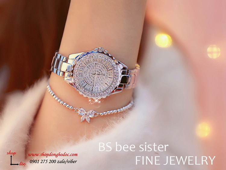 Đồng hồ nữ dây kim loại bạc mặt tròn đính đá sang trọng BS ĐHĐ1402