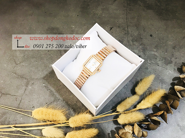 Đồng hồ nữ BS Bee Sister dây kim loại mặt vuông đính đá vàng hồng ĐHĐ17003