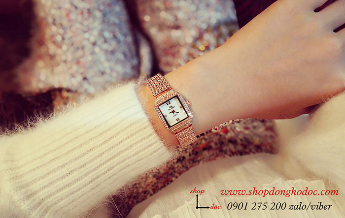 Đồng hồ nữ BS Bee Sister dây kim loại mặt vuông đính đá vàng hồng ĐHĐ17003