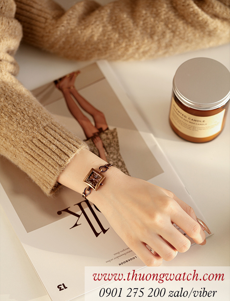 Đồng hồ nữ Gedi kiểu lắc tay dây kim loại mặt vuông size nhỏ nâu cà phê ĐHĐ46604