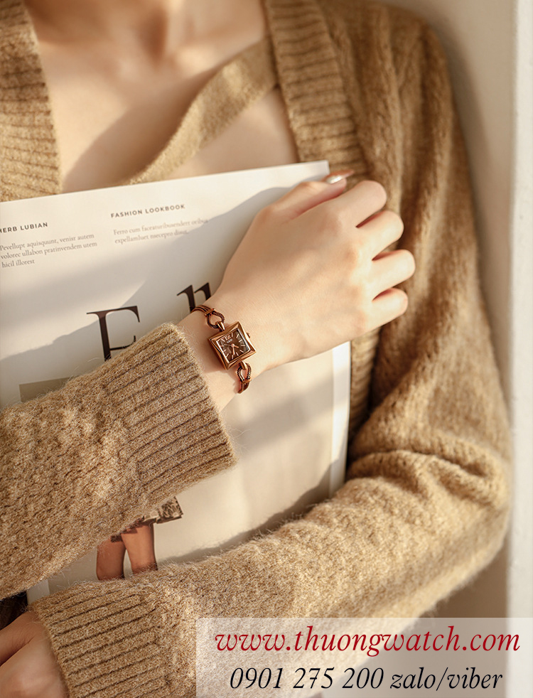 Đồng hồ nữ Gedi kiểu lắc tay dây kim loại mặt vuông size nhỏ nâu cà phê ĐHĐ46604