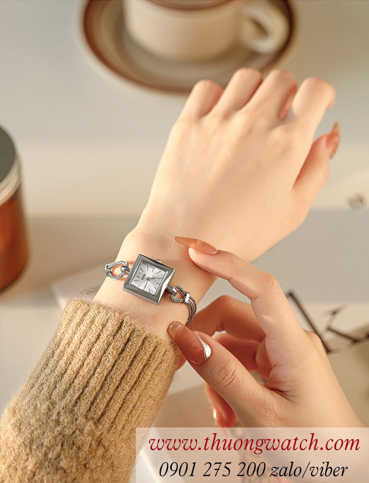 Đồng hồ nữ Gedi kiểu lắc tay dây kim loại mặt vuông size nhỏ trắng ĐHĐ46601