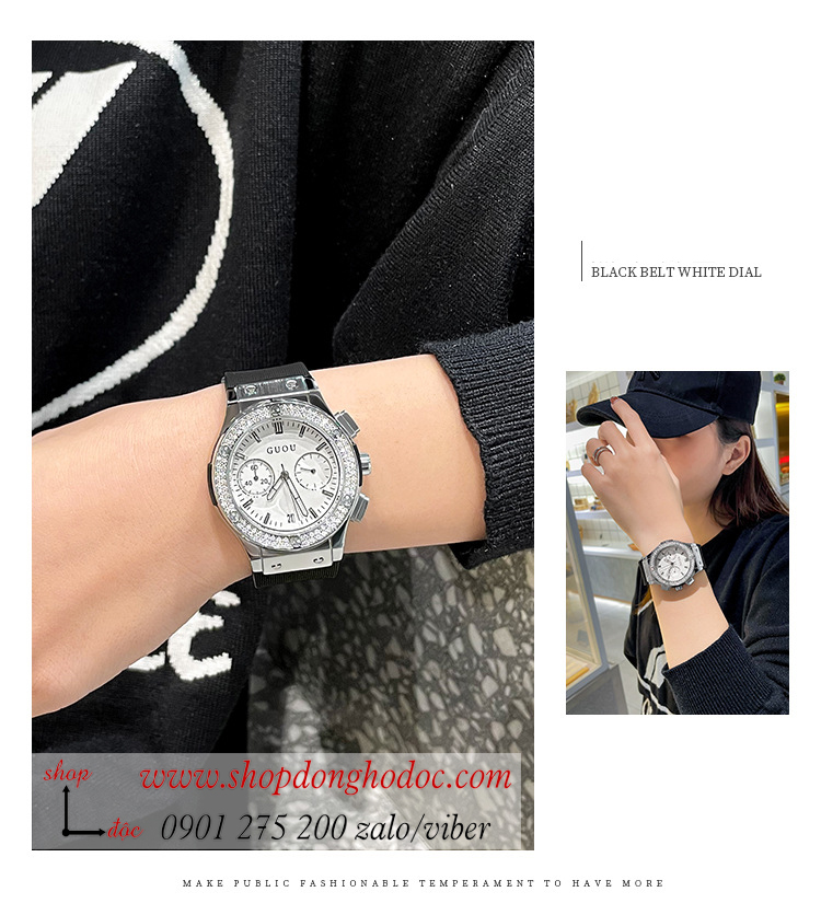 Đồng hồ Guou nữ dây cao su mặt tròn size to đính đá đen cá tính ĐHĐ35601 Đồng hồ Guou nữ dây cao su mặt tròn size to đính đá đen cá tính ĐHĐ35601