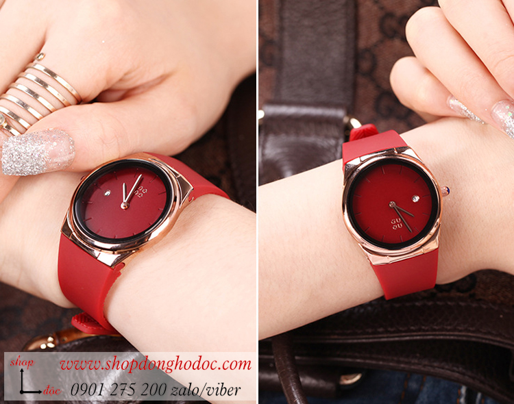 Đồng hồ Guou nữ dây cao su mặt tròn có lịch đỏ quyến rũ ĐHĐ35701