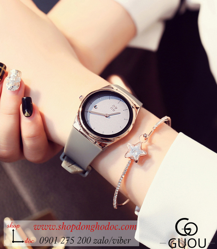 Đồng hồ Guou nữ dây cao su mặt tròn có lịch xám thời trang ĐHĐ35702