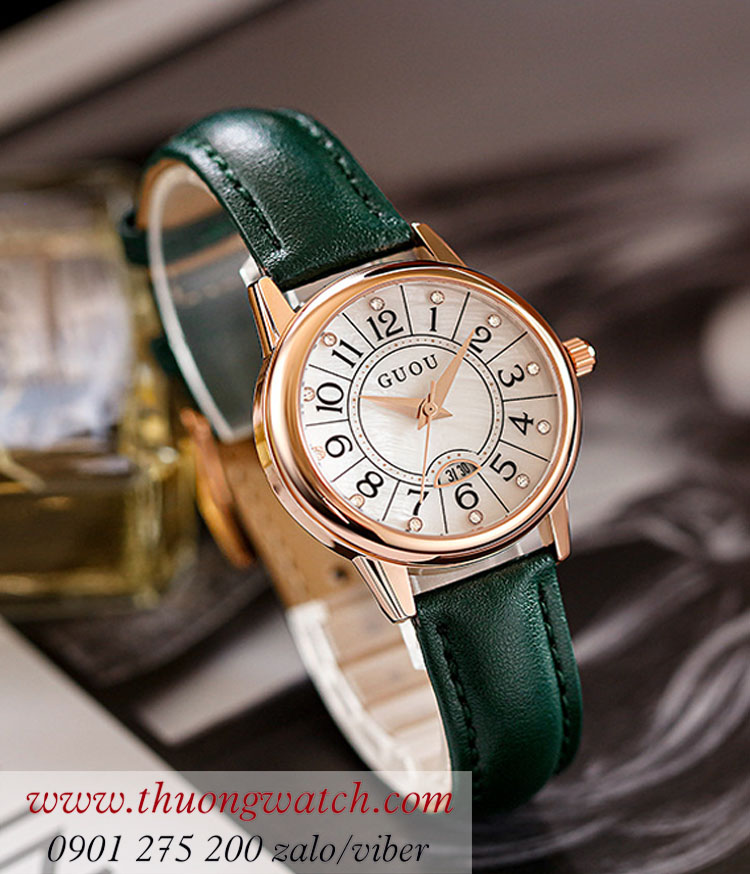 Đồng hồ Guou nữ dây da mặt tròn xanh lục cá tính ĐHĐ39103 Đồng hồ Guou nữ dây da mặt tròn xanh lục cá tính ĐHĐ39103