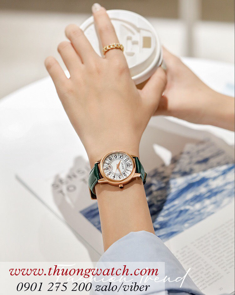 Đồng hồ Guou nữ dây da mặt tròn xanh lục cá tính ĐHĐ39103 Đồng hồ Guou nữ dây da mặt tròn xanh lục cá tính ĐHĐ39103