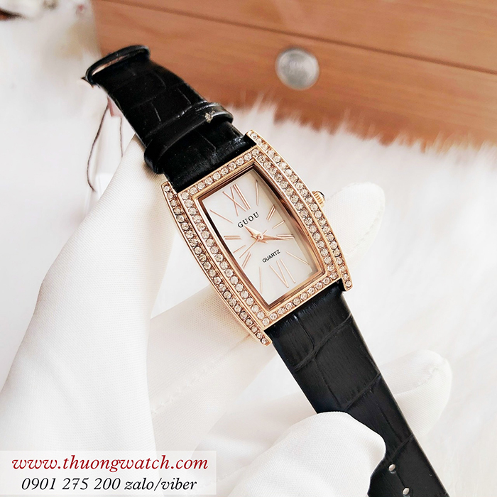 Đồng hồ Guou 8225 dây da mặt chữ nhật oval đính đá đen thanh lịch ĐHĐ43001