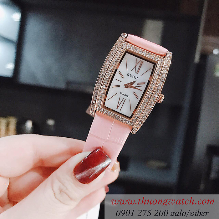 Đồng hồ Guou 8225 dây da mặt chữ nhật oval đính đá hồng pastel ĐHĐ43002